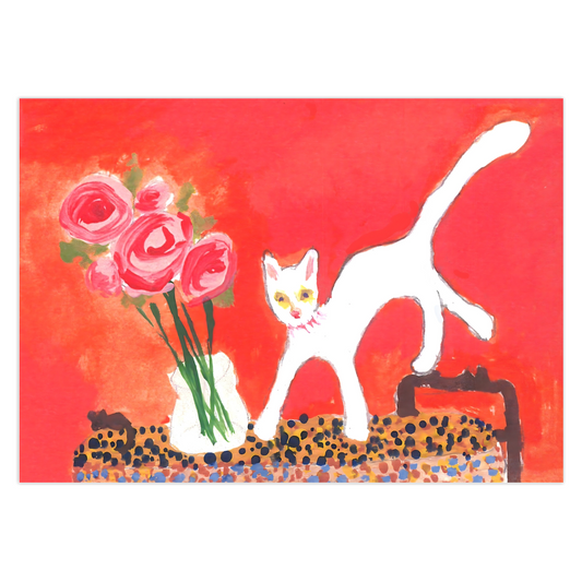 Artistic depiction of a white cat and pink roses on a red background. Artwork by Janet Lee Chauncey.