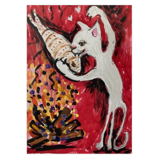 Firepit Fun! greeting card features a white cat holding a white fish over a roaring firepit. Artwork by Janet Lee Chauncey.  Card by Chauncey Art Collective.