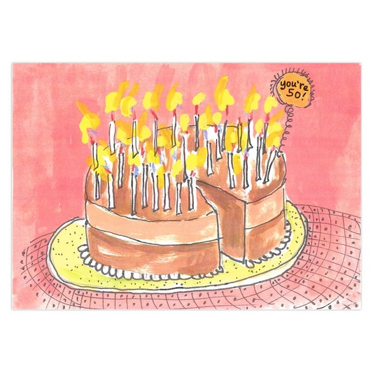 50th Birthday greeting card featuring a festive flaming birthday cake with many candles, reproduced from an original acrylic painting by Janet Lee Chauncey. Front of card by Chauncey Art Collective.
