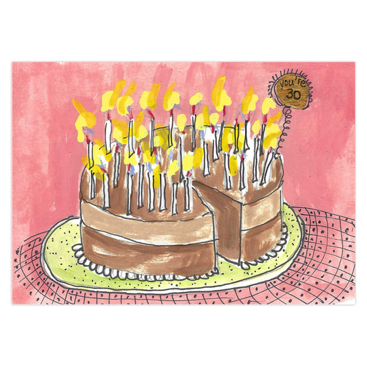 Vibrant 30th Birthday greeting card featuring a flaming birthday cake with many candles, reproduced from an original acrylic painting by Janet Lee Chauncey. Front of card by Chauncey Art Collective