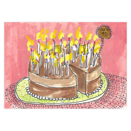 Bright 40th Birthday greeting card featuring a flaming birthday cake with many candles, reproduced from an original acrylic painting by Janet Lee Chauncey. Front of card by Chauncey Art Collective