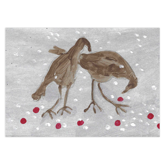 Charming Christmas card from Chauncey Art Collective with Janet Lee Chauncey's Birdie Treats artwork, showing  turkeys enjoying holiday berries.