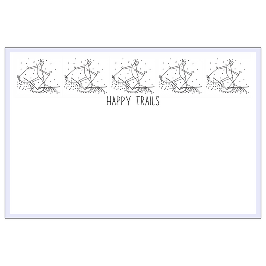 Happy Trails Flat Note Card: An ink illustration of cross-country skiers making tracks through the snow. High-quality reproduction of original artwork by Janet Lee Chauncey for Chauncey Art Collective.