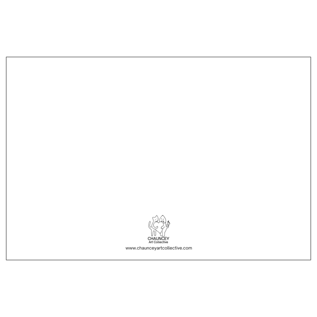 back of flat notecard featuring Chauncey Art Collective Logo