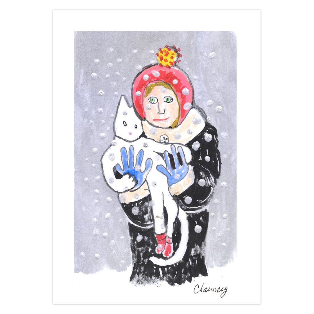 January Outing Winter Greeting Card: A woman in a red hat and blue gloves cradles a white cat against a gray, snow-filled background. High-quality reproduction of original acrylic on paper by Janet Lee Chauncey for Chauncey Art Collective.