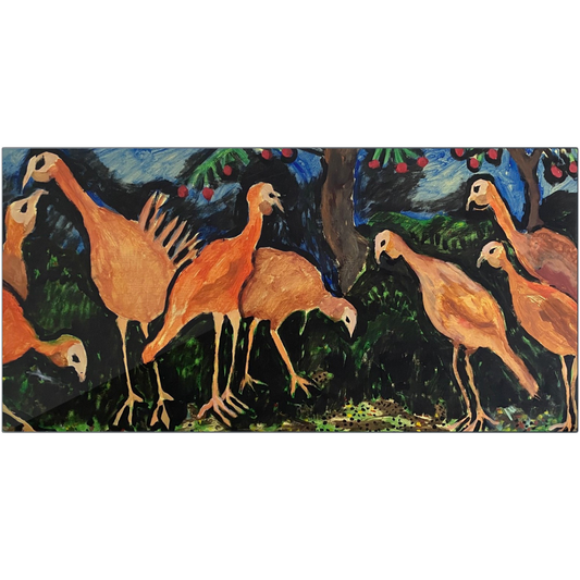 An artistic rendering of a group of 8 orange-brown turkeys gathered together, some pecking seeds, some standing, in a green landscape with blue sky and branches hanging with red apples..  This Printed on metal, this art print is titled Turkey Talk.