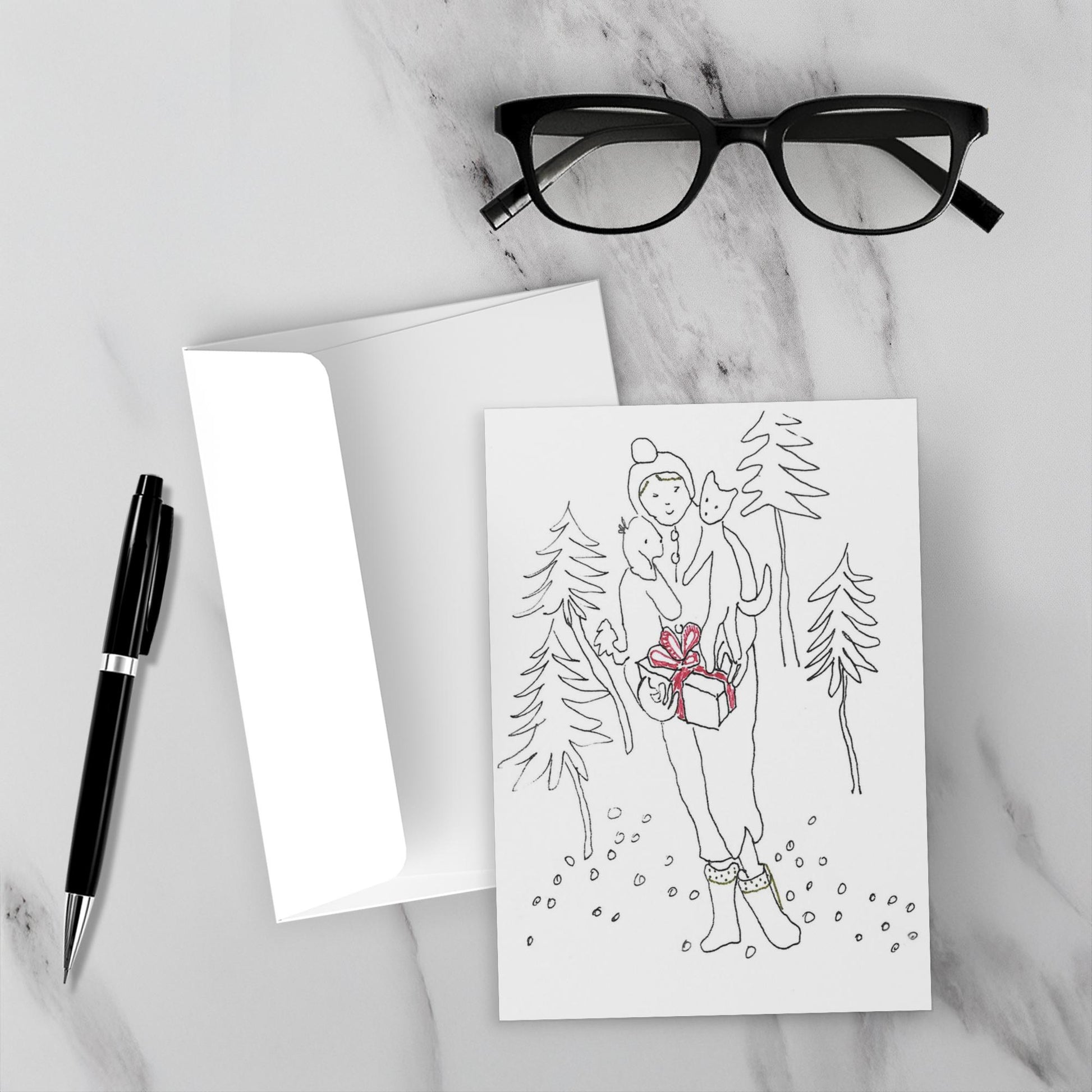Mock up of Holiday Delivery greeting card on marble table top with pen and glasses