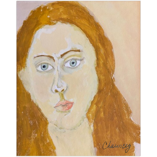 Portrait Girl art print featuring a woman with a gaze of quiet strength and kindness, reproduced from an original gouache painting by Janet Lee Chauncey. Art print by Chauncey Art Collective.
