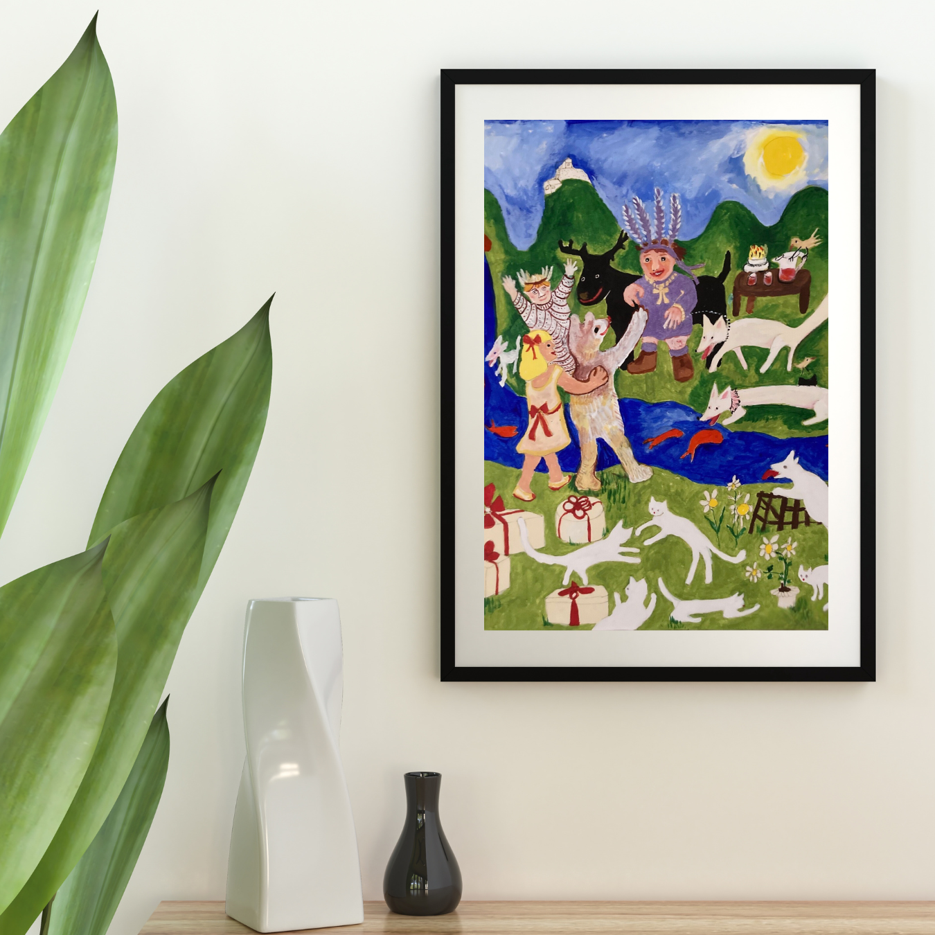 Set in a matted black frame the colorful art print Party Time stands out in a lovely way against the white wall. The exuberant scene brightens up the room.