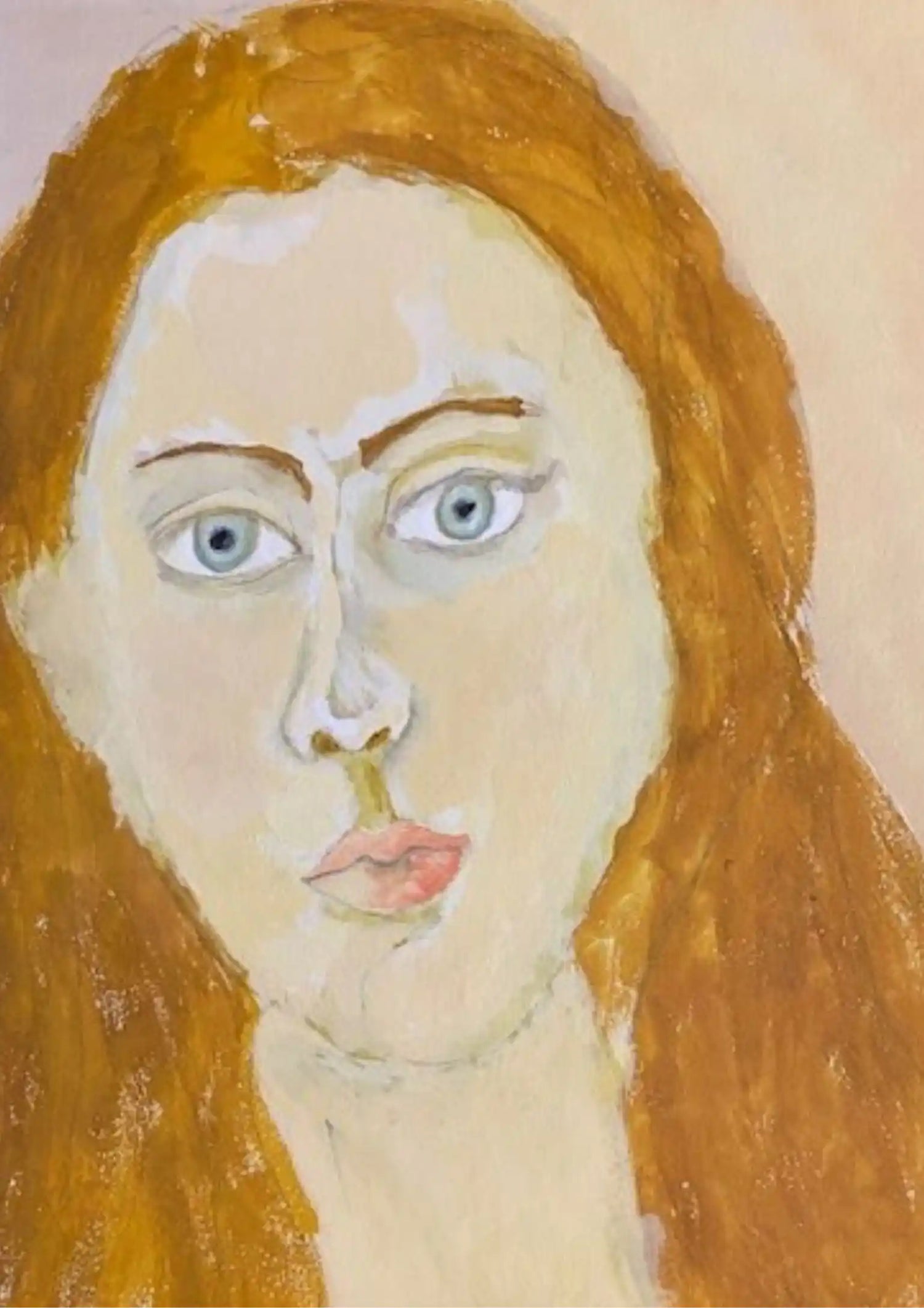 Artistic depiction of a face with long hair on a beige background. Reproduction of original painting by Janet Lee Chauncey
