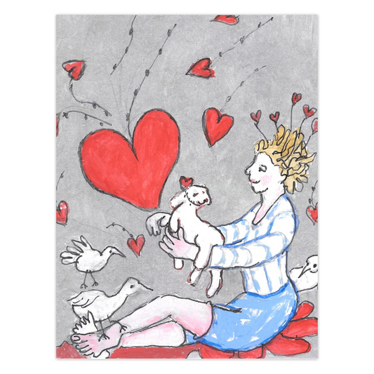 Just For You greeting card depicting happy friends (girl, dogs and birds) reunited, expressing love and joy, reproduced from an original acrylic painting by Janet Lee Chauncey. Front of card by Chauncey Art Collective.