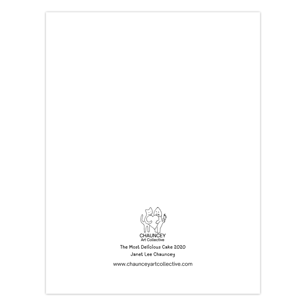 The back of The Most Delicious Cake greeting card with its title and Chauncey Art Collective logo.
