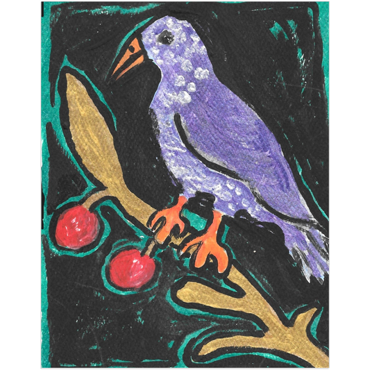 Birdie On A Twig art print featuring a vibrant, colorful bird silhouetted on a branch against a night sky, reproduced from an acrylic painting by Janet Lee Chauncey. Art print by Chauncey Art Collective.