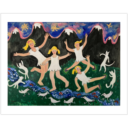 Artistic depiction of four dancers with blonde by a river with cats and birds frolicking.  Artwork by Janet Lee Chauncey.
