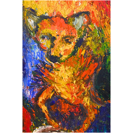Pepito chihuahua art print, a colorful dog portrait featuring a little chihuahua with a personality, reproduced from an original oil painting by Janet Lee Chauncey. Art print by Chauncey Art Collective