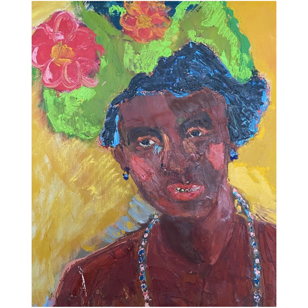 Lady With Hat art print is a vibrant portrait of a lovely girl with dark complexion and caring expression. She is adorned with a necklace, earrings and a large lime colored hat decorated with pink flowers. The background is ochre, which makes all of the colors in the painting pop.