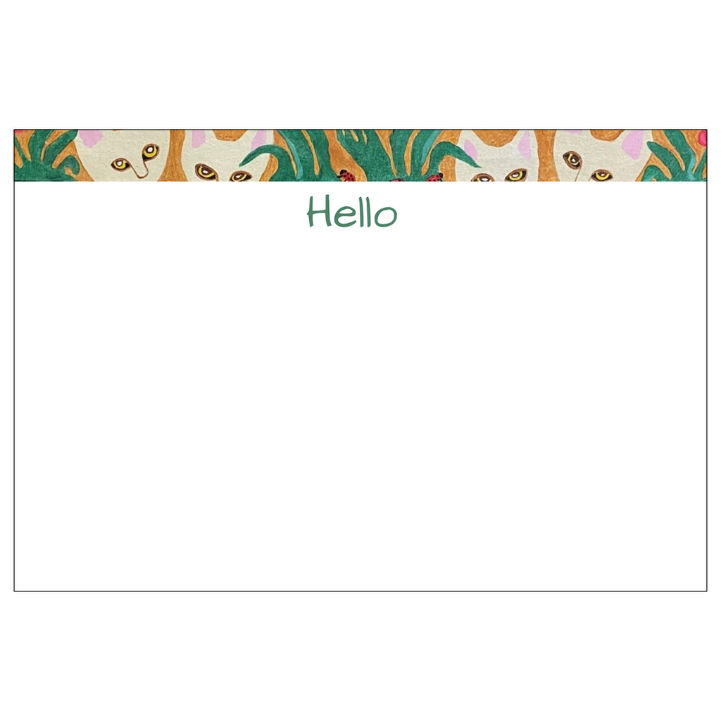 Curious Cats Notepad: Decorative border with four white cat faces peeking from tall grass and the word 'hello' centered below. Reproduction of original Janet Lee Chauncey art for Chauncey Art Collective.