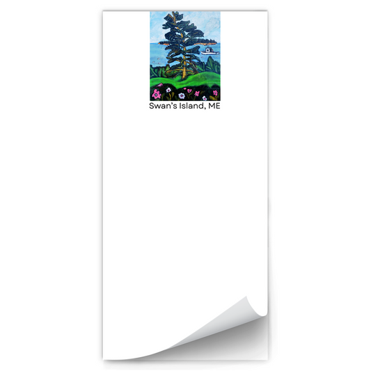 Magnetic notepad featuring a Maine island-themed scene with a pine tree and lobster boat, reproduced from an original acrylic painting by Gretchen Chauncey. Notepad by Chauncey Art Collective.
