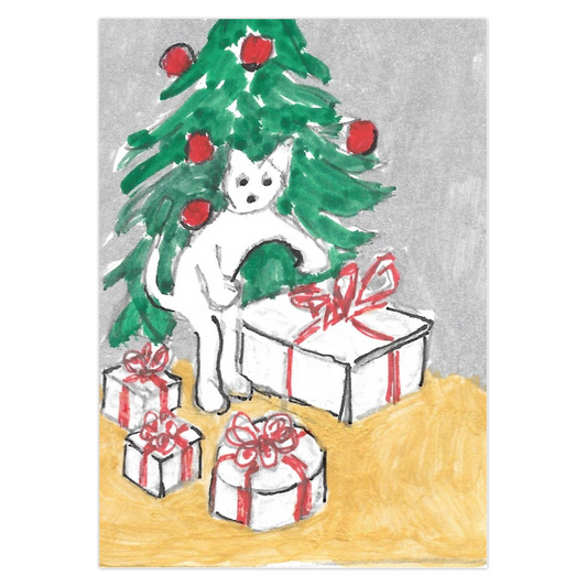 Little Doings For Christmas holiday greeting card by Janet Lee Chauncey for Chauncey Art Collective, featuring a cat surrounded by magically appearing presents.