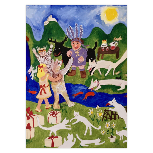 Colorful Birthday Party greeting card by Janet Lee Chauncey for Chauncey Art Collective, featuring kids and animals at a joyful celebration with scattered presents.