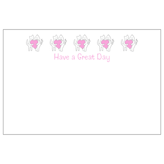 Repeating pattern of carts and dogs holding pink hearts with Have a Great Day text on a white background. At work by Janet Lee Chauncey