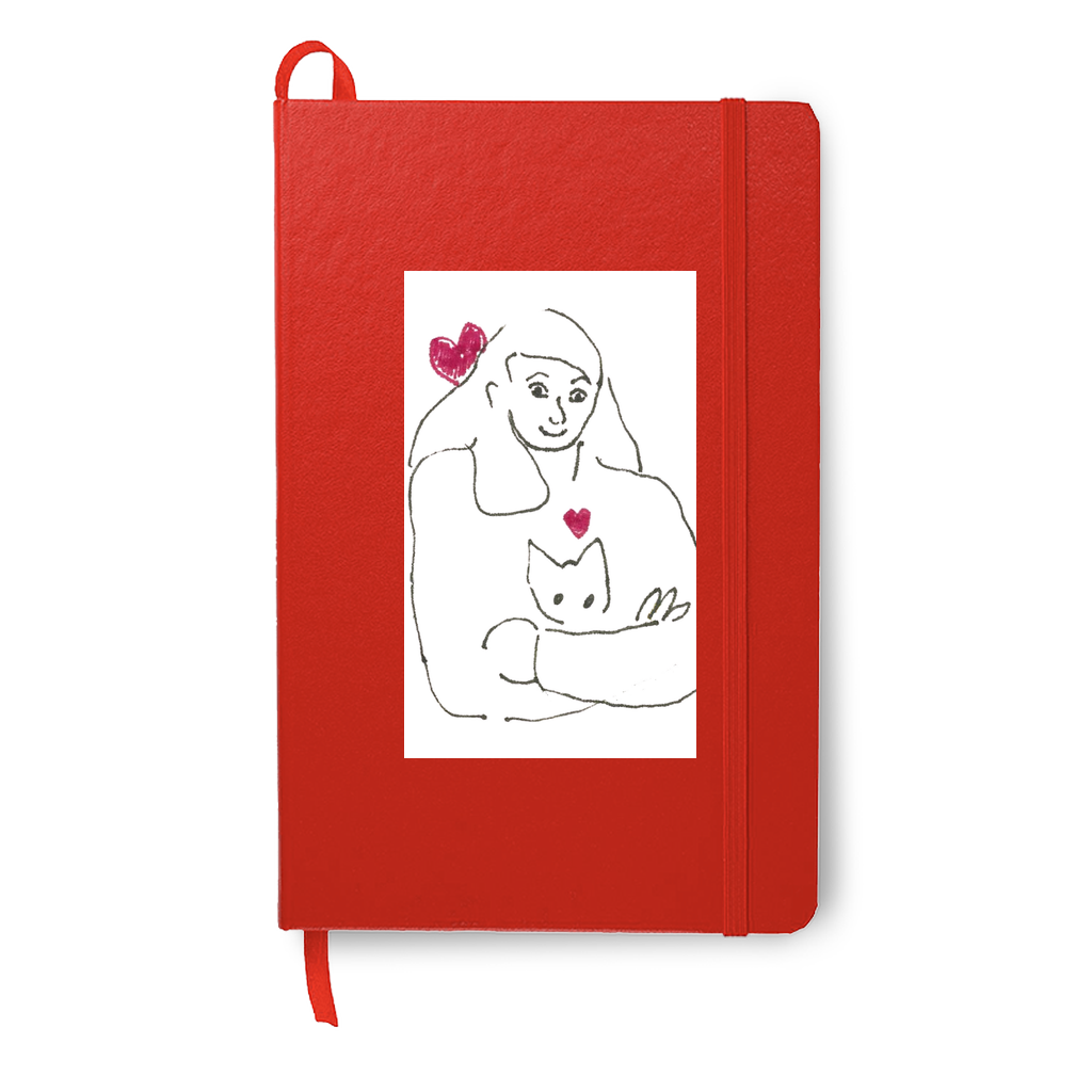 Armful of love printed on a red journal. The girl's sweet expression and the cats cute face highlight the drawing.