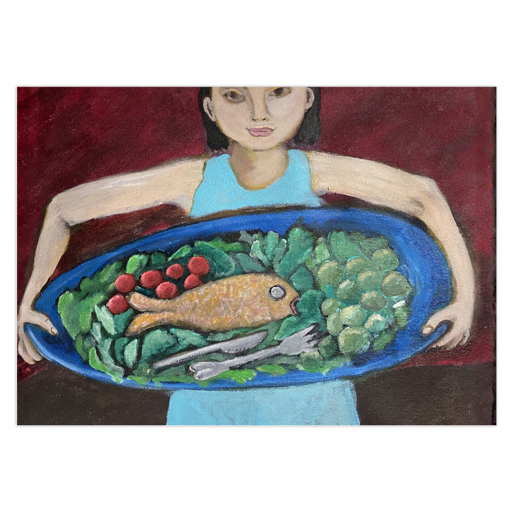 Fish Platter Just For You greeting card by Gretchen Chauncey. A brunette holds a large platter with a fish, red radishes, Brussel sprouts, green lettuces and a knife and fork. Designed by Chauncey Art Collective.
