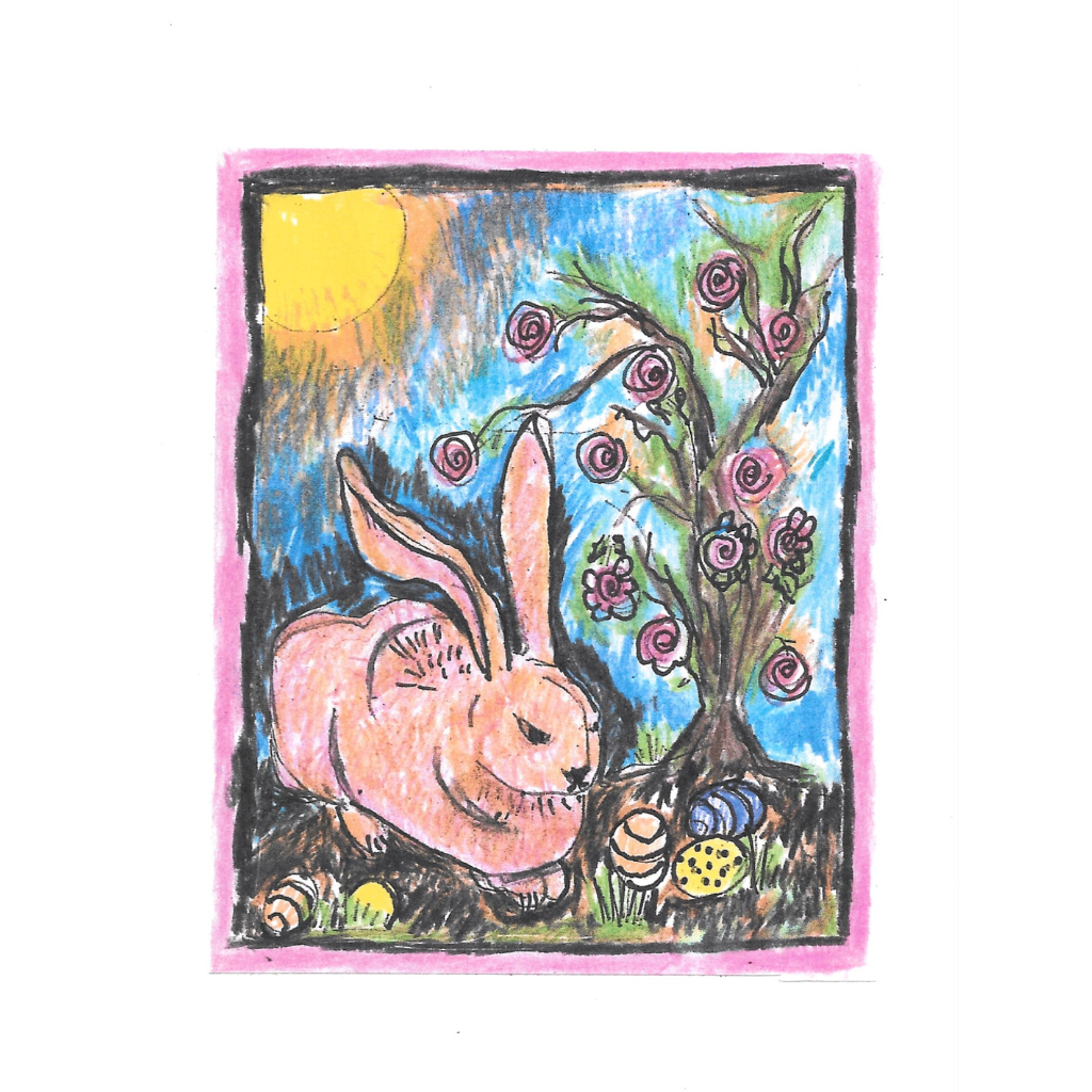 Original title Bunny Rabbit in LaLa Land by Janet Lee Chauncey. This colorful illustration of a rabbit near flowers and eggs with a pink border.