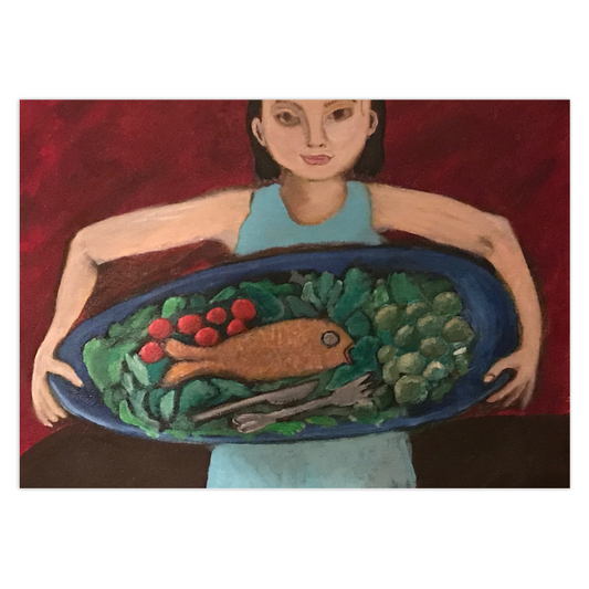A burgundy background pushes the girl carrying a blue platter of green vegetables and fish forward in this greeting card of Fish Platter just for you. The platter has a splatter of red radishes next to the tan colored fish.