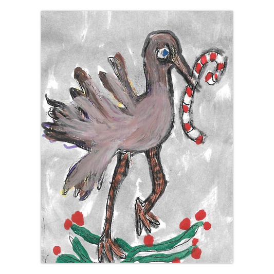 Festive Christmas card from Chauncey Art Collective with Janet Lee Chauncey's Birdie With Candy Cane artwork, showing a bird with a candy cane.
