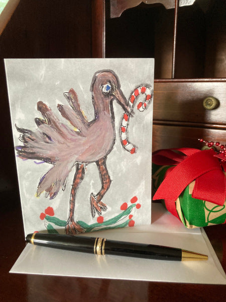 Front of Birdie With Candy Cane Card by Janet Lee Chauncey along with its envelope.