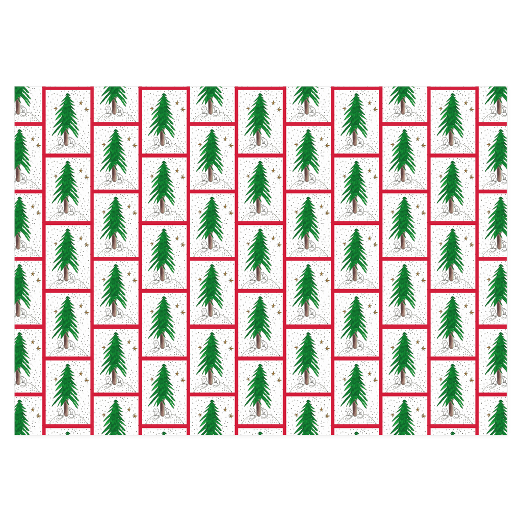 Under The Tree holiday wrapping paper featuring a festive pattern of a cat and dog under a pine tree, reproduced from an acrylic painting by Janet Lee Chauncey. Gift wrap by Chauncey Art Collective.