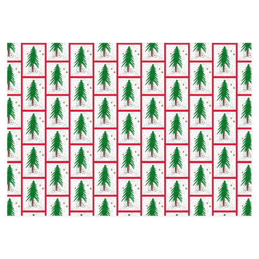 Under The Tree wrapping paper is a repeated pattern of a green pine tree with a white cat and a white dog sitting under it. The sky is white with gold stars. The pattern is framed in red.