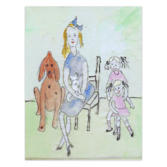 Front of a greeting card showing a pretty mother with blond shoulder length hair wearing a blue dress and a blue bow in her hair seated with a white dog on her lap.  To her right is a brownish red Irish Setter dog sitting with tongue out.  To her left are two girls in pink dresses with blond  pigtails, black bows pink knee socks and black shoes, the taller girl standing behind the smaller girl with hands on her shoulders.  Everyone is smiling.  The title of this Mother's Day card is Mother's Day