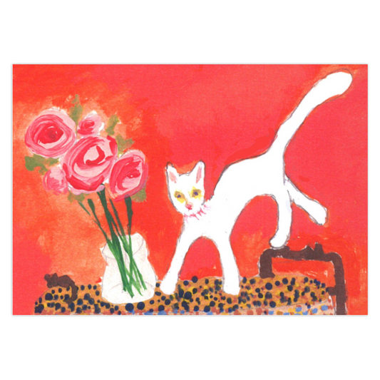 This bright and cheery art print is aflame with color. A white cat jumps on a table next to a vase of pink roses. The background is a vivid orangey-pink.