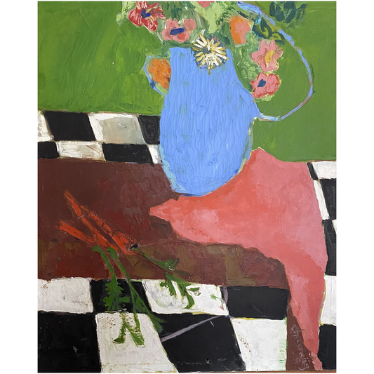 Still Life With Blue Vase: A blue vase with flowers and orange carrots against green walls and a black and white checkered floor. High-quality reproduction of Janet Lee Chauncey's 1961 oil on canvas. Premium Acrylic Print by Chauncey Art Collective.
