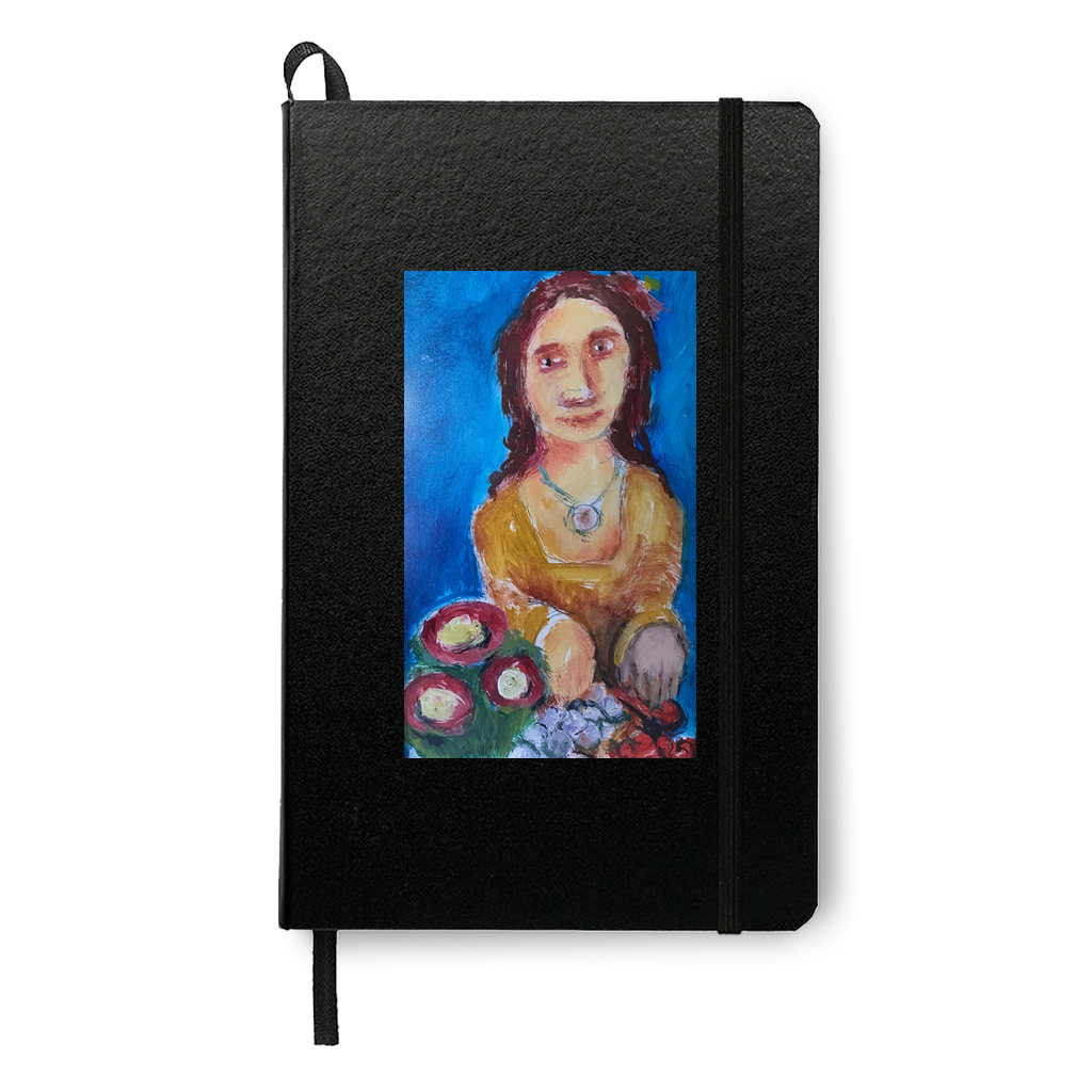 Tasty Fruit journal featuring a colorful painting of a woman preparing various fruits, reproduced from an artwork by Janet Lee Chauncey. Journal by Chauncey Art Collective.