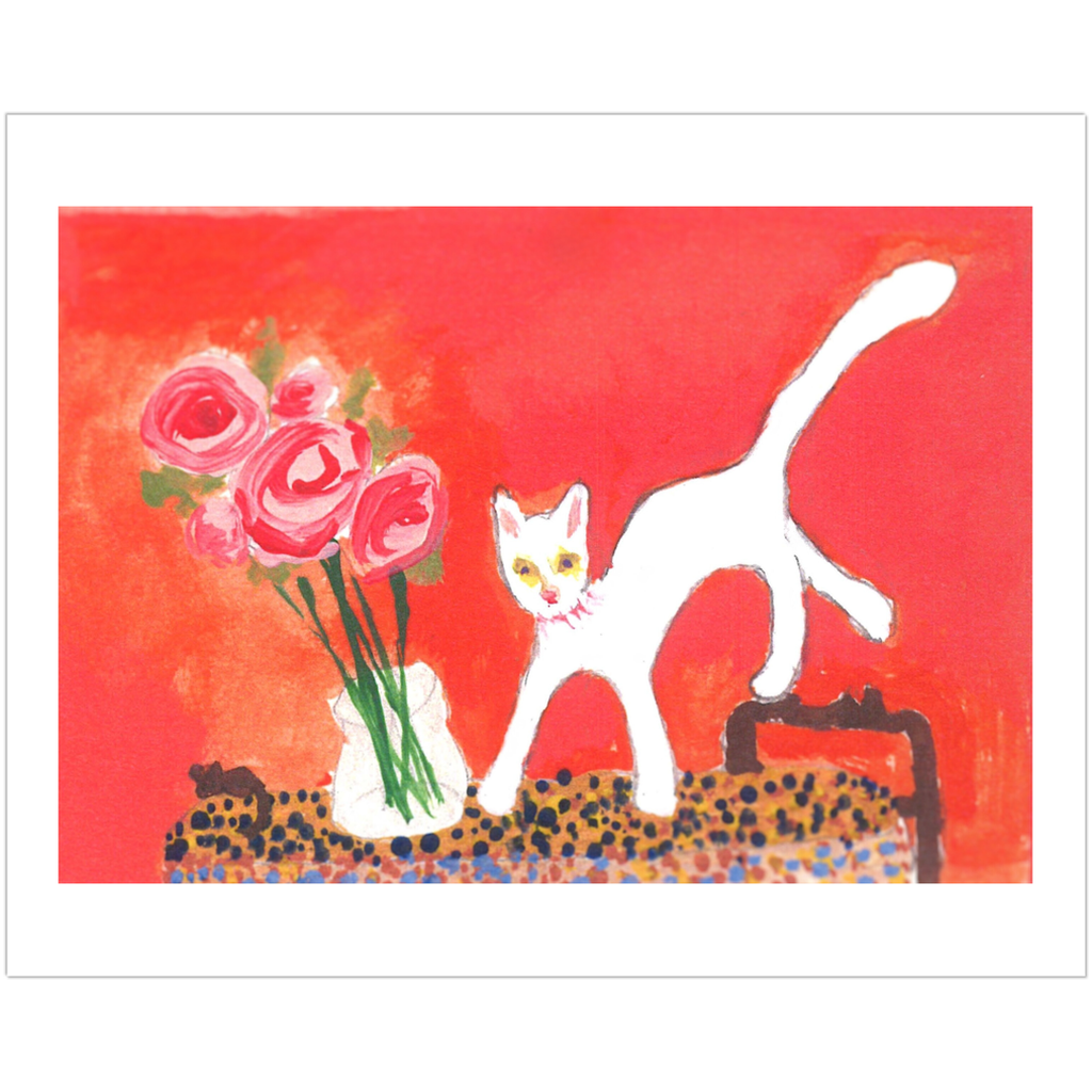 Caspar With Roses Fine Art Print: A white cat jumped onto a table next to a vase of pink roses against a vibrant orange background. High-quality reproduction of original acrylic on paper by Janet Lee Chauncey for Chauncey Art Collective.