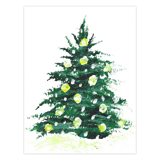 Outdoor Lights greeting card shows a beautiful holiday tree decorated with glowing yellow lights and sprinkled with snowflakes. Art by Heidi Chauncey Vorwerk. Greeting Card by Chauncey Art Collective.