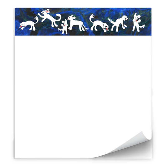 Playful White Dogs notepad featuring a banner of white Maltese dogs against a vibrant cobalt blue background, reproduced from an acrylic painting by Janet Lee Chauncey. Notepad by Chauncey Art Collective.
