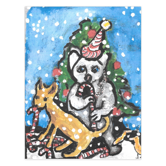 Festive Christmas card from Chauncey Art Collective with Janet Lee Chauncey's Astonishing Creatures With Tasty Treats artwork, showing cheerful animals with candy cane snacks.