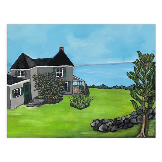 Nutshell Cottage greeting card features a charming coastal Maine cottage, reproduced from an original acrylic painting by Gretchen Chauncey. Card by Chauncey Art Collective 
