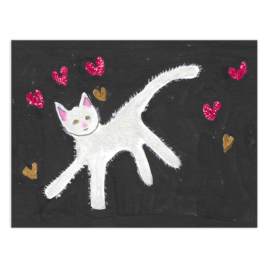 Caspar With Floating Hearts Greeting Card: A whimsical white cat with green eyes, and a pink nose moves across a black background. Shiny gold and red-purple hearts float in the air around him. Reproduced from original artwork by Janet Lee Chauncey for Chauncey Art Collective.