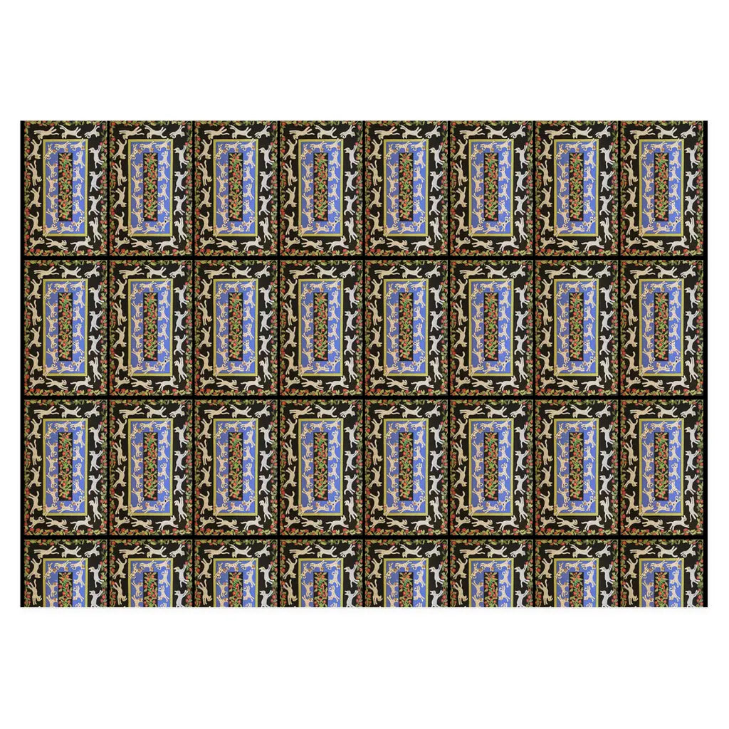Repeating rectangle pattern of white cats running against a black background, whimsical feline-themed gift wrap by artist Janet Lee Chauncey.