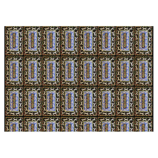 Repeating rectangle pattern of white cats running against a black background, whimsical feline-themed gift wrap by artist Janet Lee Chauncey.