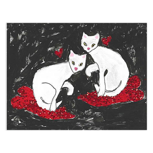 Front of Valentines greeting card that shows two painted white cats sitting sideways toward each other with one paw raised and heads turned facing straight ahead.  They are each perched on sparkly red hearts, almost like lily pads, that are seemingly floating in a black background with smudges of white.  A small red heart is beside cat's head.  The title of this folded card is Cats On Hearts.