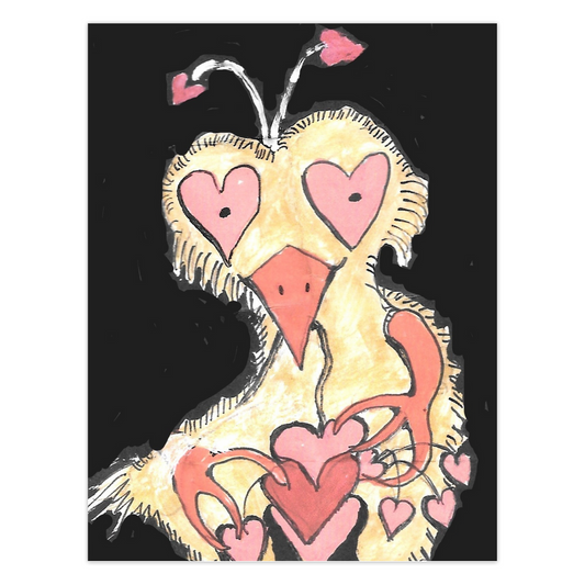 Crazy Heart Bird greeting card featuring a bird with heart-shaped plumage, signaling it has found its true love, reproduced from an original acrylic painting by Janet Lee Chauncey. Front of card by Chauncey Art Collective.