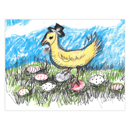 Front of an Easter card of a yellow duck wearing a black bonnet with string tied under his chin.  He is standing on two Easter eggs in the grass, one gray and one red.  More Easter eggs are in front and behind him in the tall grass some speckled, some striped .  The background is blue with white patches for clouds.  The greeting card is titles Prissy Egg Walk.