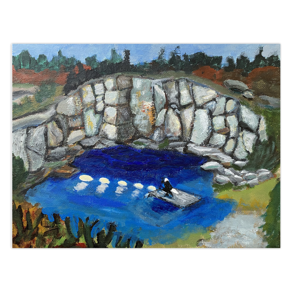 Eagle On Duty greeting card by Gretchen Chauncey.  A colorful birds-eye view of the quarry on Swan's Island looking down on the swimming area with a swimming platform, eagle decoy, and tall granite walls.  From the Chauncey Art Collective greeting card collection.