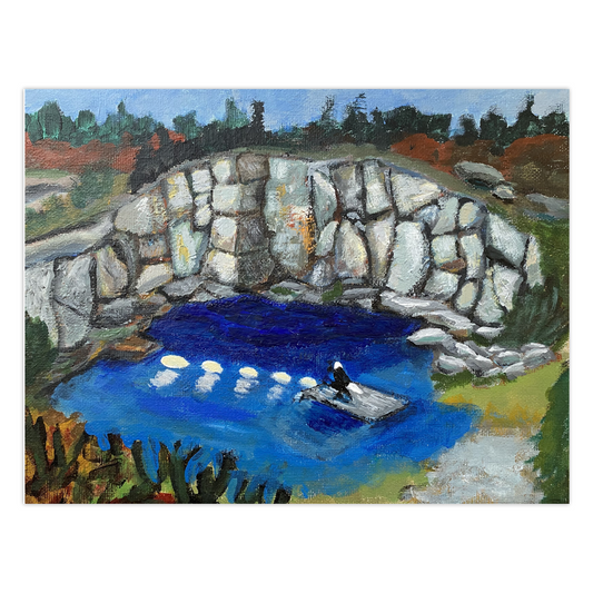 Eagle On Patrol greeting card by Gretchen Chauncey.  A colorful birds-eye view of the quarry on Swan's Island looking down on the swimming area with a swimming platform, eagle decoy, and tall granite walls.  From the Chauncey Art Collective greeting card collection.